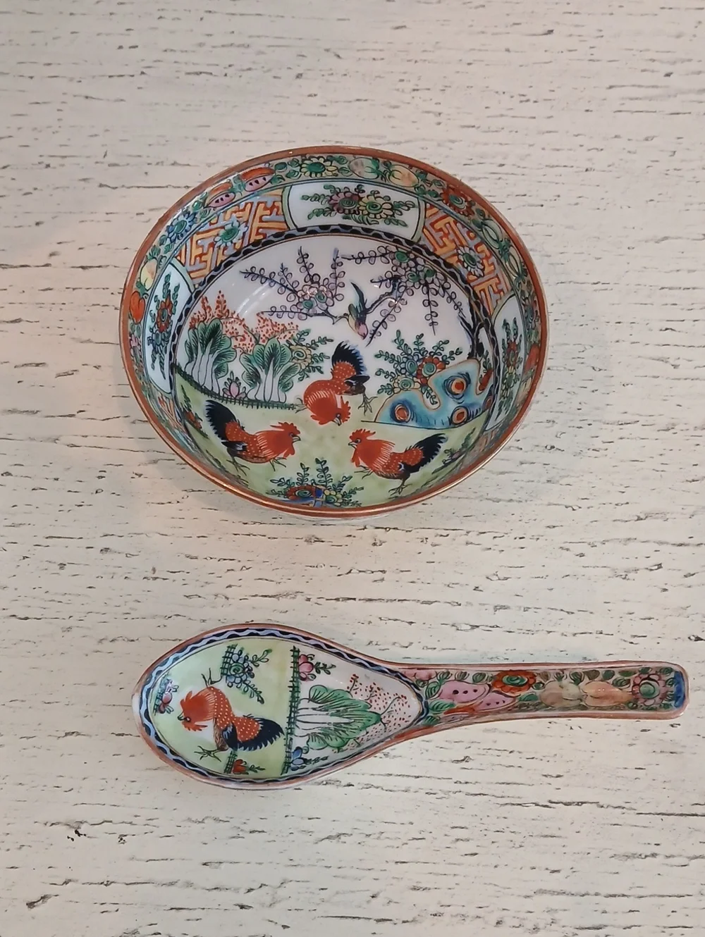 Chnese Famille Rose Porcelain Rice Bowl & Spoon Hand Painted Roosters Floral Des